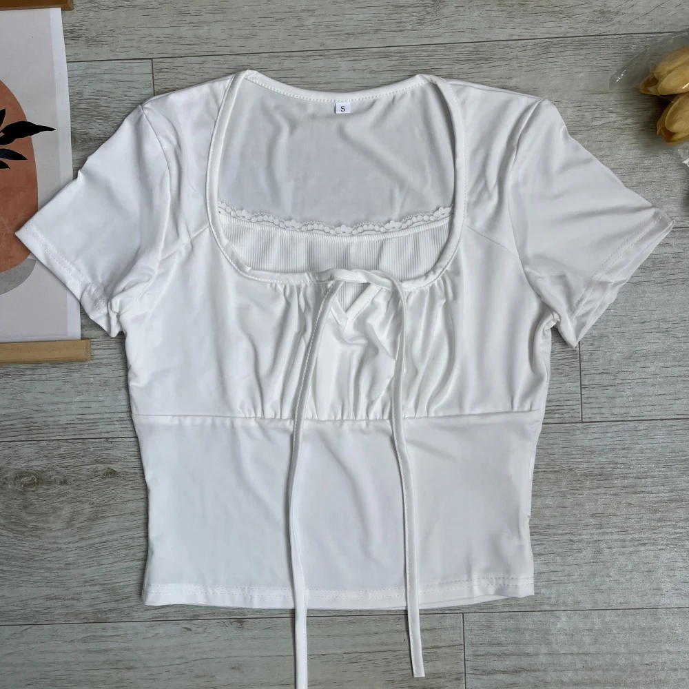 Sweet Square Neck Bandage T-shirt–2025 Slim-fit Fake Two-piece Top Three-dimensional Lace Short-sleeved T-shirt 2000 Aesthetics