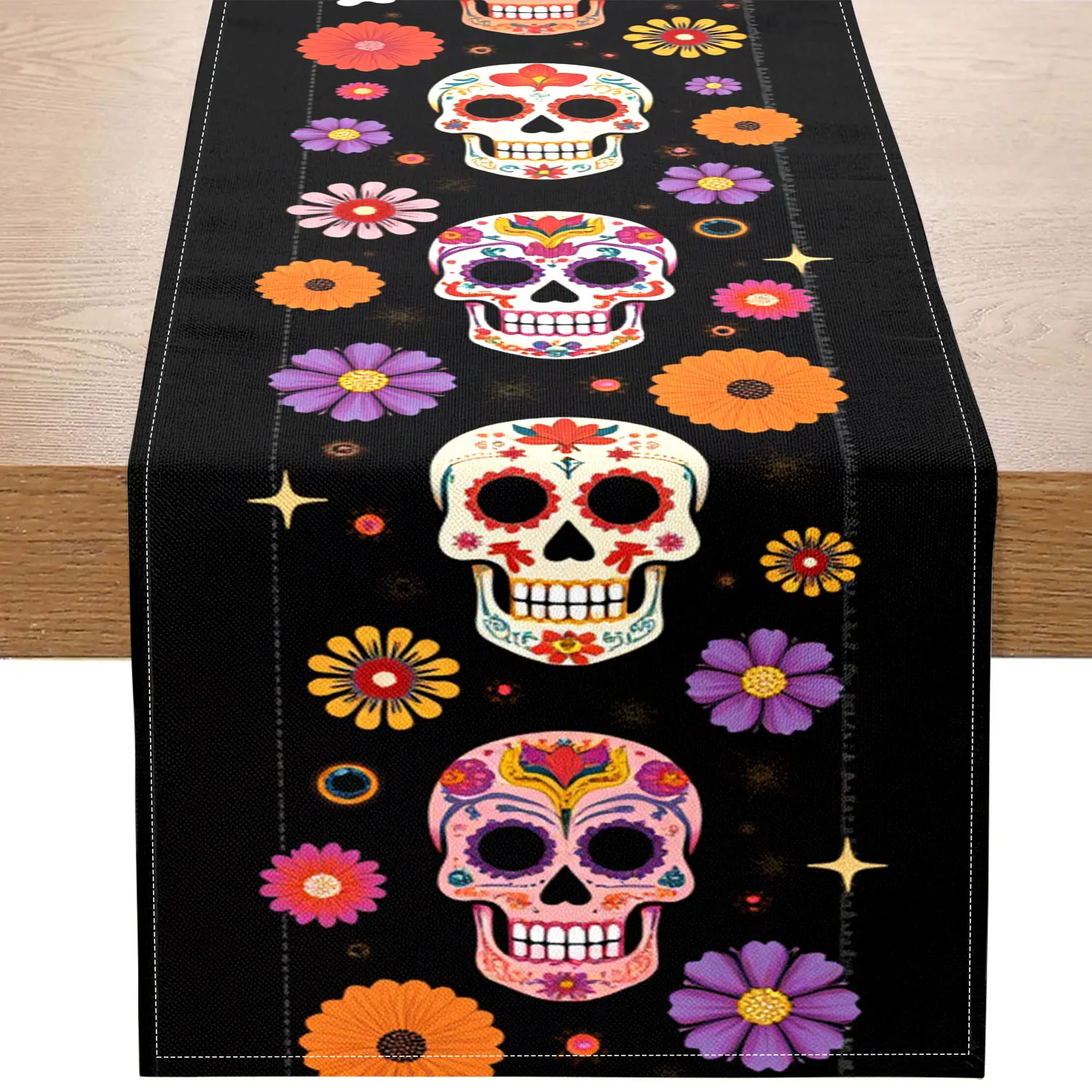 1 Piece Day of the Dead Themed Table Runner, Decorated with Painted Skulls and Floral Patterns, Suitable for Day of the Dead Parties and Exotic Decorations