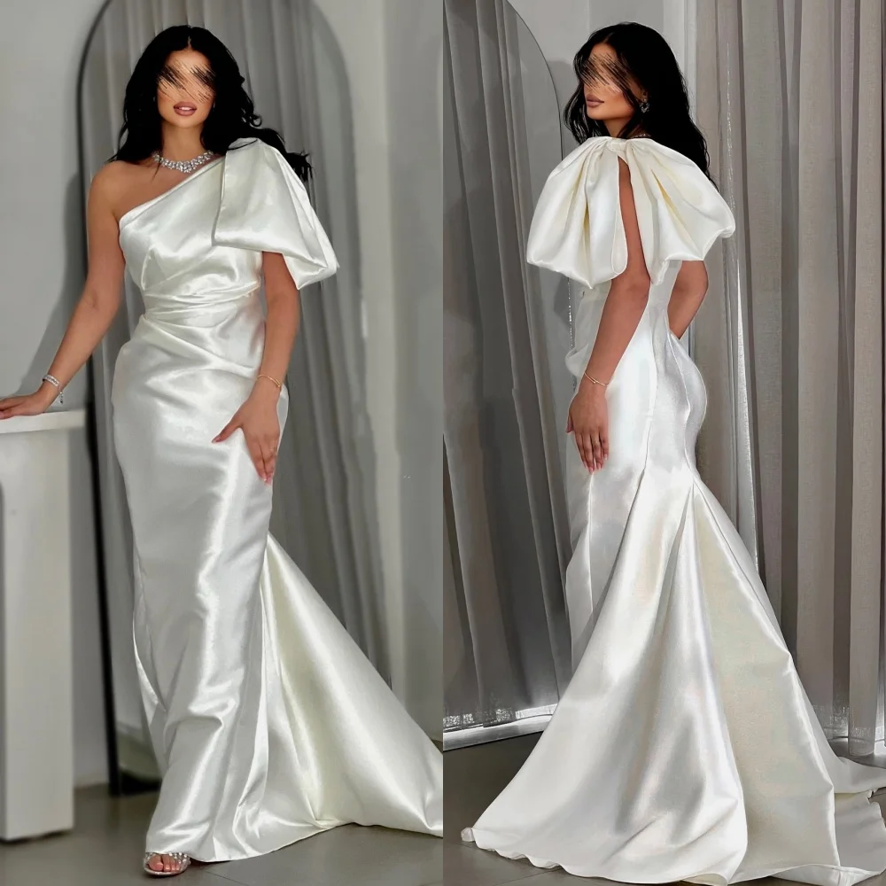 

Customized Charmeuse Pleat Bow One-shoulder Long Dresses Bespoke Occasion Simple Woman Elegant Party Wedding High Quality