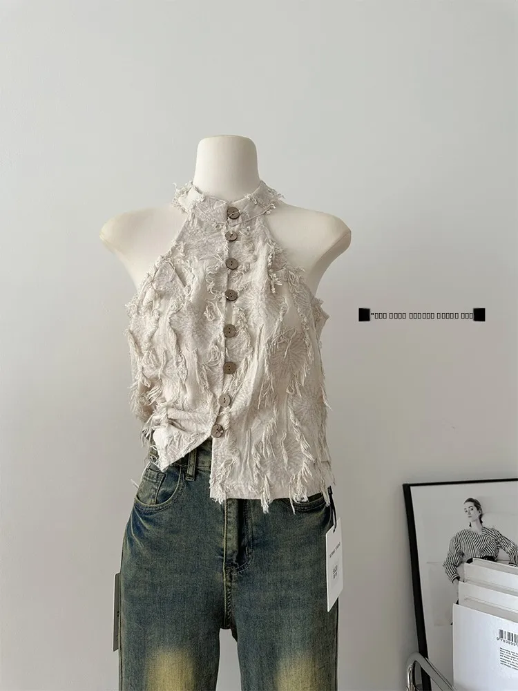 Korean Sle ort Svel Stand Collar Tassel Trim irt Vest Women's Faionable Chic Hot Girl Ne Hanging Design Commu...