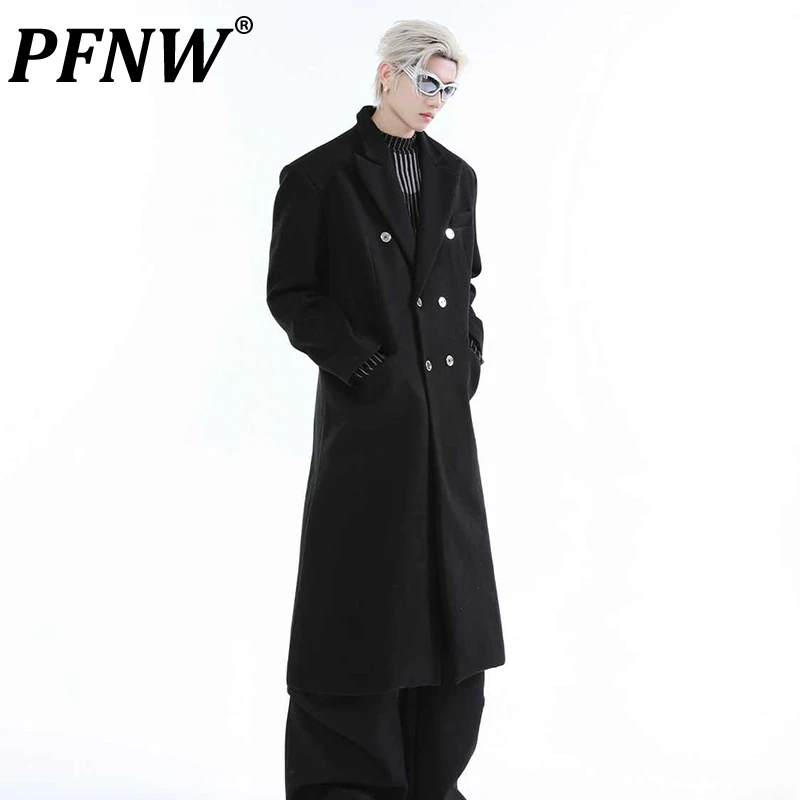 PFNW Niche Deconstructed Silhouette Lapel Double Breasted Long Tweed Coat High Street High Quality Men's Overcoat Jacket 12C2001