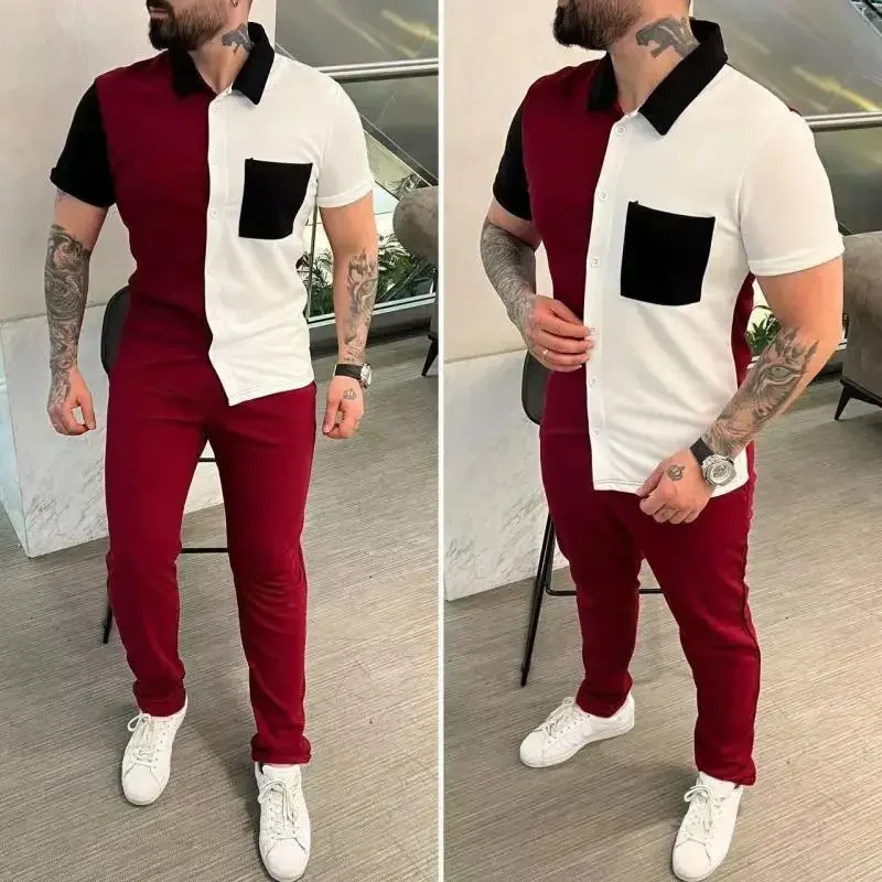 

Men Two Piece Sets Short Sleeve Turn Down Collar Single Breasted Shirt Tops Splice High Waist Long Pants Pant Set 2025 New