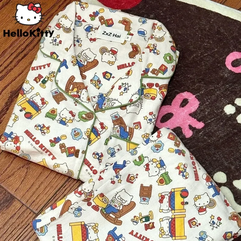 

Sanrio Hello Kitty Cute Cartoon 2 Pcs Pajamas For Women Spring And Autumn Loose Long Sleeved Casual Pyjamas Homewear Clothes