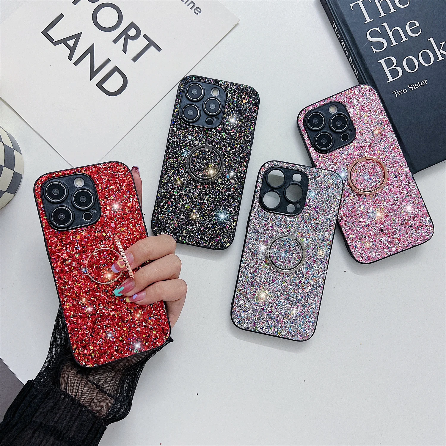 

Colorful Glitter Ring Holder Frosted Matte Case for iPhone 15 Pro Max 6s 7G 8G XR XS Max 11 Pro 12 13 Mini 14 Plus Sparkle Cover