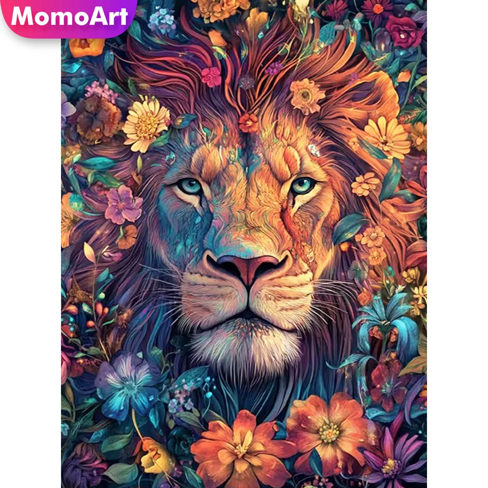 Momoart Löwen-Diamantmalerei Tierbild Strass-Diamantmosaik Blumen Neue Kollektion DIY Stickerei-Dekoration für Zuhause