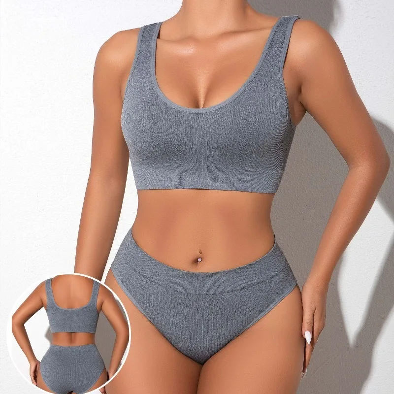 2pcs Solid Seamless Women Underwear Set Low Rise Breathable Comfortable Panties and Bra Outfits Athletic Vest Sexy Lingerie Sets