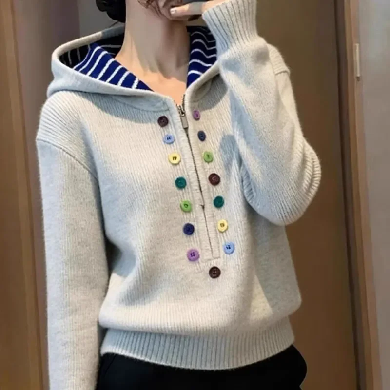 

Корейский вязаный свитер с цветными пуговицами, женская верхняя одежда, осень-зима 2026, новая модная теплая толстовка на молнии с капюшоном свободного кроя