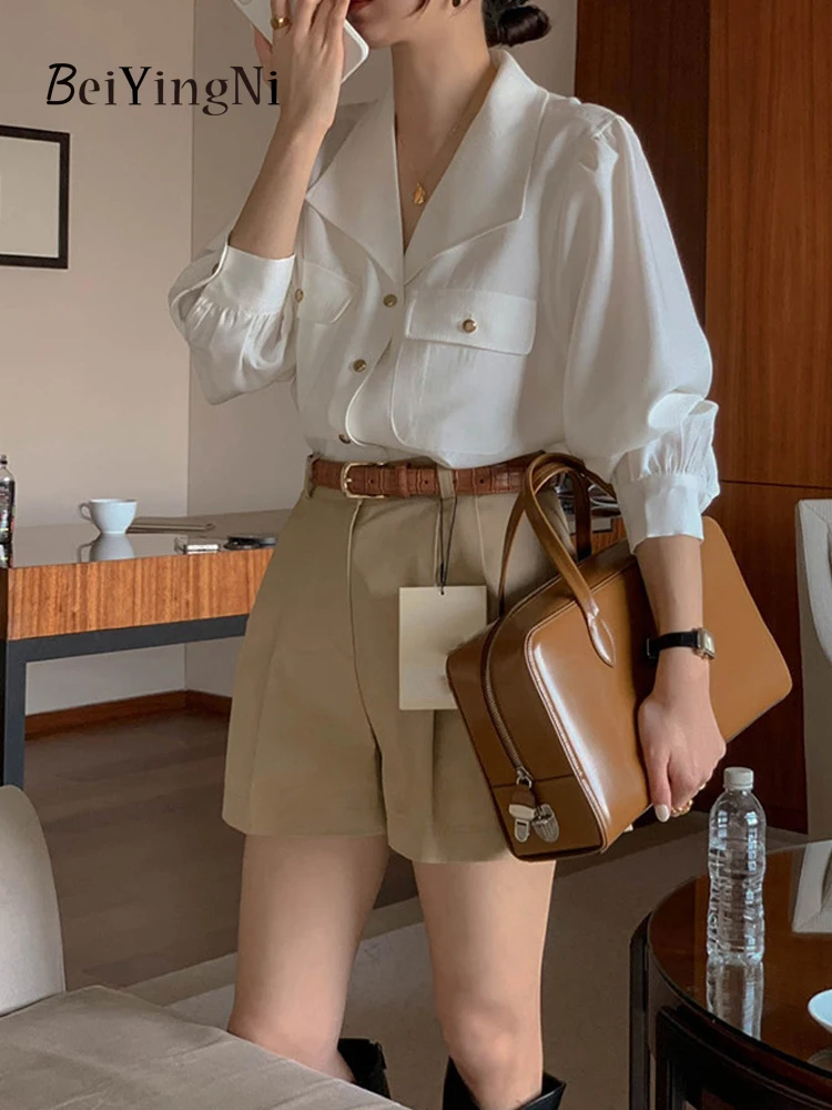 Beiyingni Spring Autumn New Fashion Office Ladies Shirts Single-breasted French Vintage Full Sleeve Blusas Women Solid Color Top