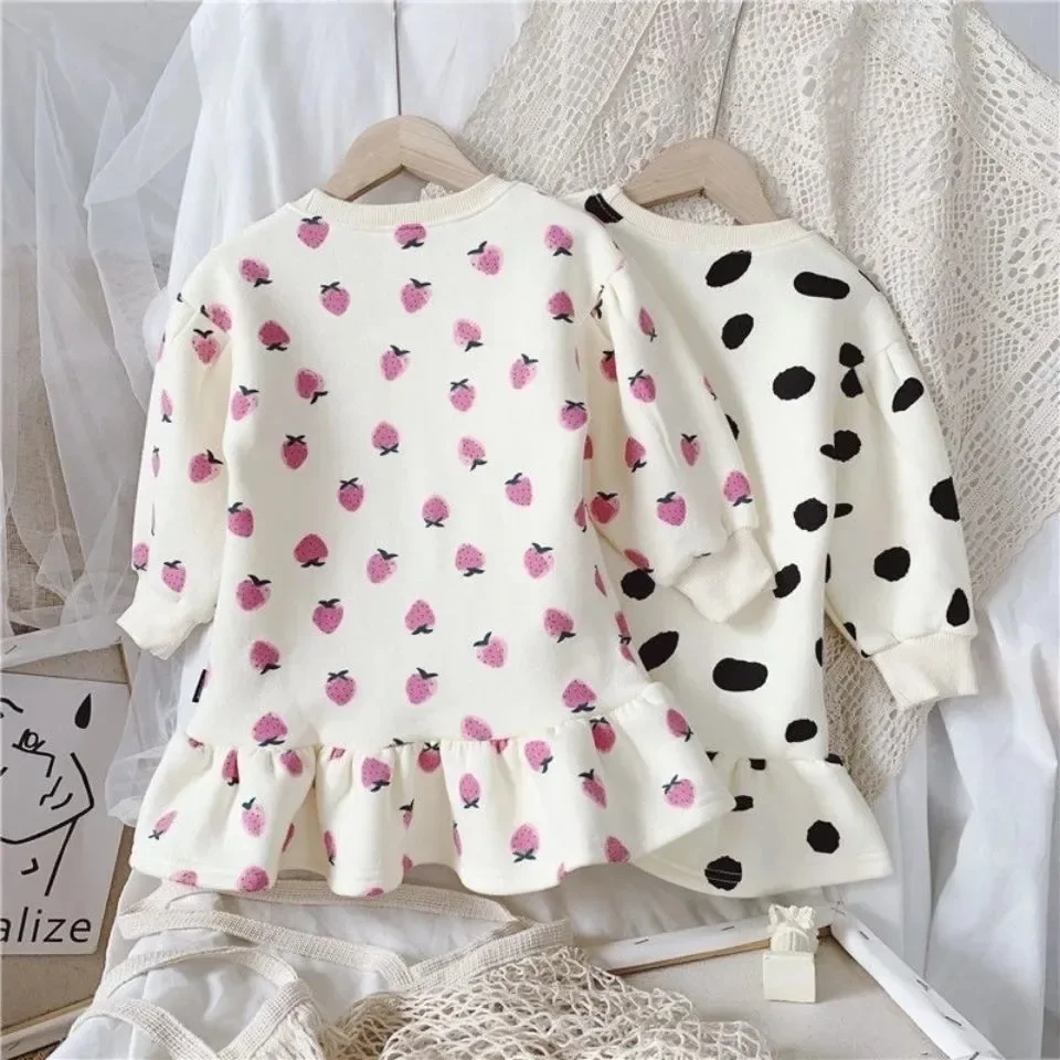 

Toddler Girls Warm Sweater Dress 2023 Winter New Korean Children Splicing Pleated Dress Kids Polka Dot Printed Casual Clothes