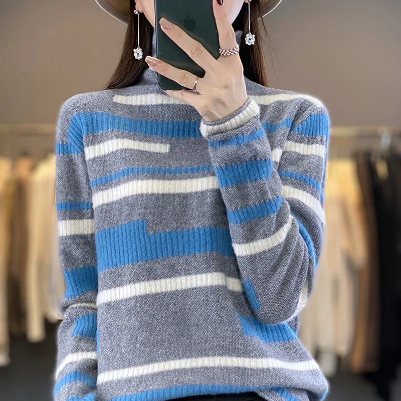 

New autumn and winter 100% merino cashmere sweater women's turtleneck striped contrast knit pullover fashion loose coat