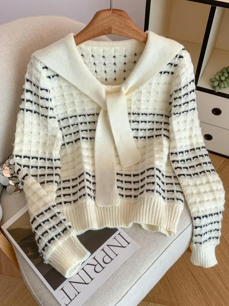 

Осень-зима, бежевый лоскутный праздничный свитер с длинными рукавами, корейский женский темпераментный универсальный пуловер, короткие вязаные топы, тренд