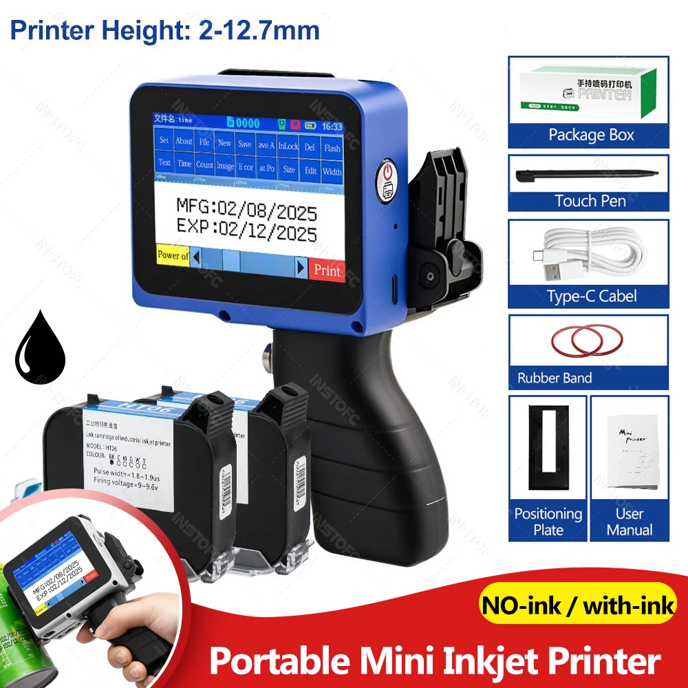 Mini Portable Inkjet Printer 2-12.7mm Height Printing for Plastic Wood Fabric Text Label Batch Number Logo Date Coding Machine