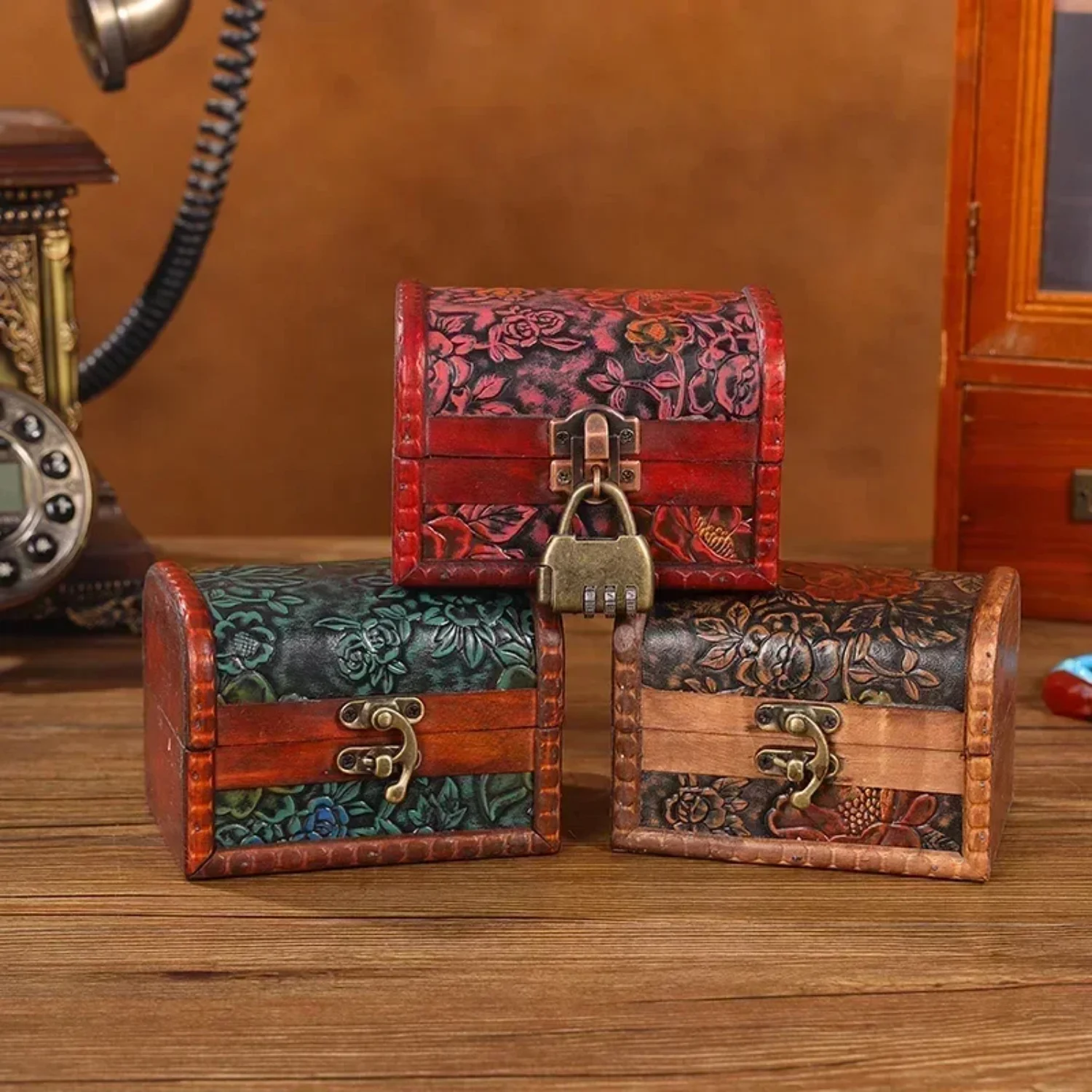 Camellia Print Leather Box Jewelry  Gift Packaging Retro Box with Lock  Organizer  Wooden Box  Jewelry Organizer Box