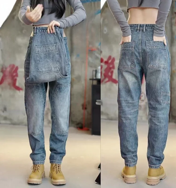 レトロアメリカン大きいサイズジーンズメンズトレンディヘビーデューティウォッシュストレートレッグルーズカジュアルワークウェアハーランパンツ秋冬