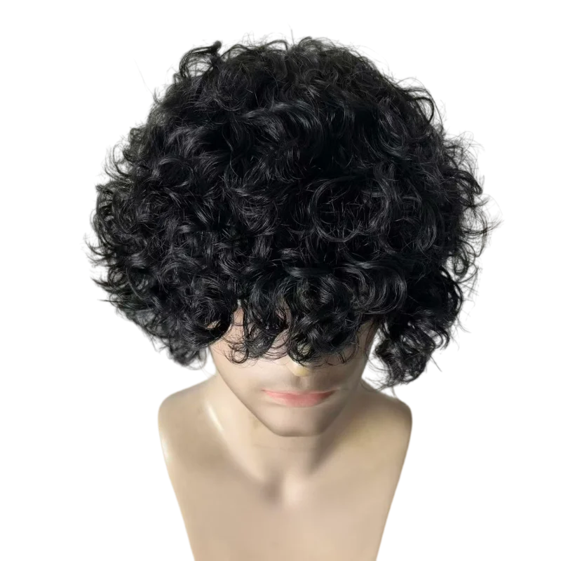 

Индийские человеческие волосы # Мужской парик 1A Color Curly BIO Style с кружевной передней частью и полиуретановой задней частью на всю голову