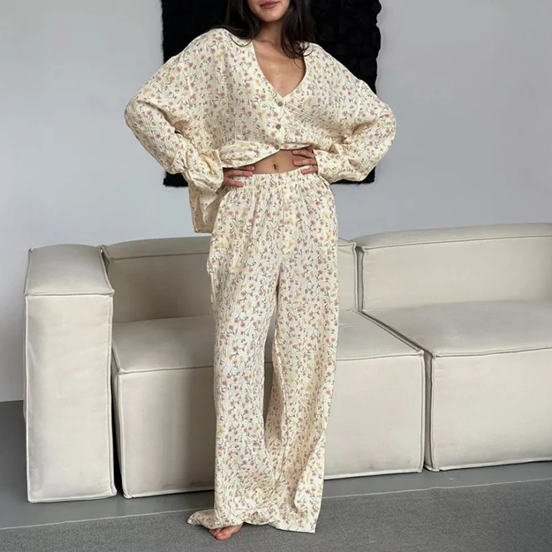 

Cotton Printed Pants Pajama Set for Autumn 2025 New Cardigan Trade Home Clothes for Women