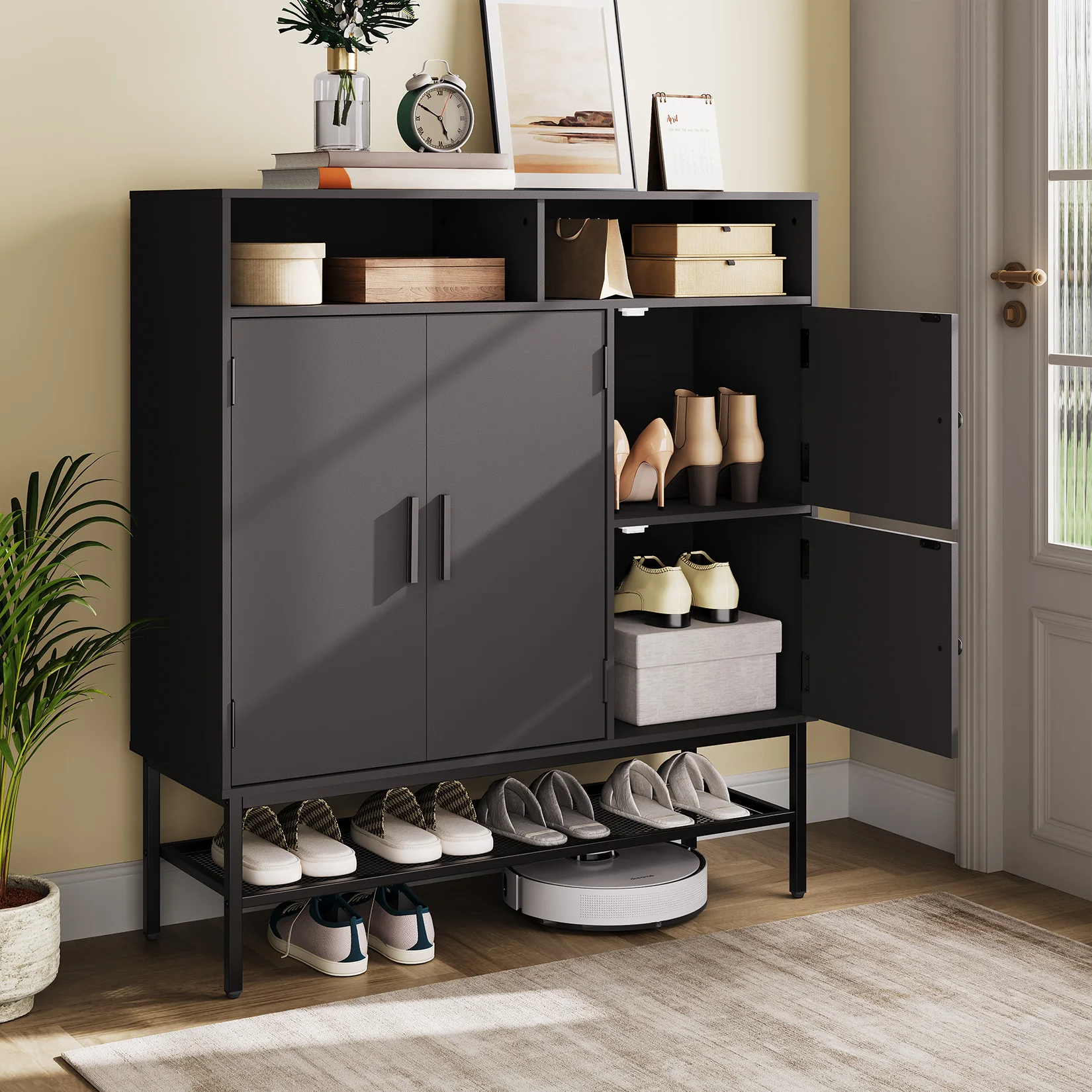 Farmhouse Shoe Storage Cabinet 40 Inch For Entryway 4 Door Freestanding Shoe Organizer With Doors Adjustable Shelves And Bottom Mesh Shelf Hidden Shoe Rack