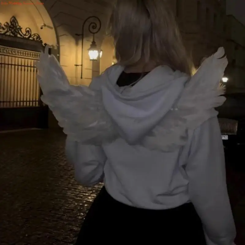 

G92D Women's Zip Up Hoodie Long Sleeve Loose Fit Sweatshirt Outerwear Crop Top with Angel Wing for Cosplay Party