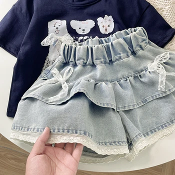 Girls' Denim Lace-Trimmed Multi-Layered Tiered Skirt
