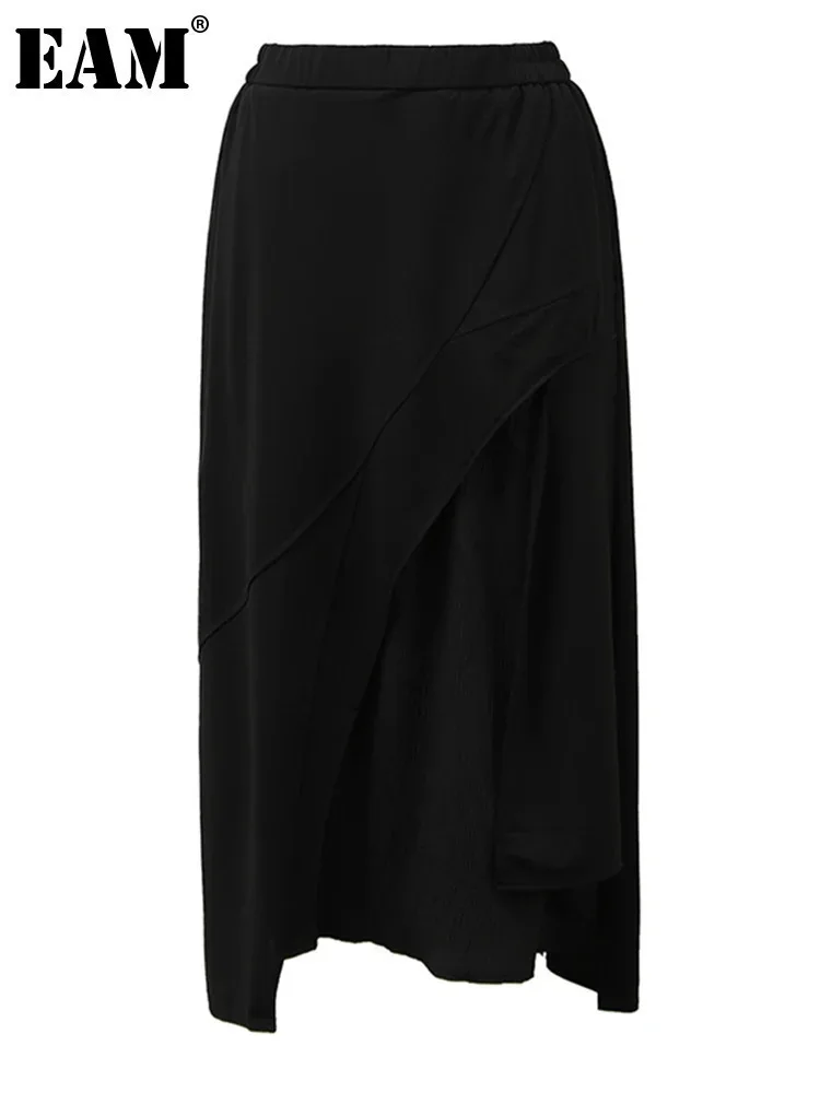 

[EAM] High Elastic Waist Black Irregular Spliced Midi A-line Half-body Skirt Women Fashion Tide New Spring Autumn 2024 1DH5347