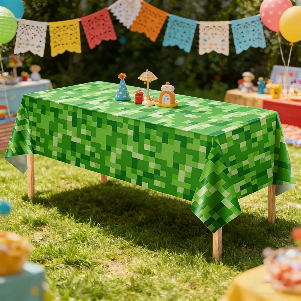 Creeper Face Tablecloth Disposable PE 137x274cm for Gamer Birthday Party – Waterproof, Easy Clean, Pixel Green Camo Design view 6