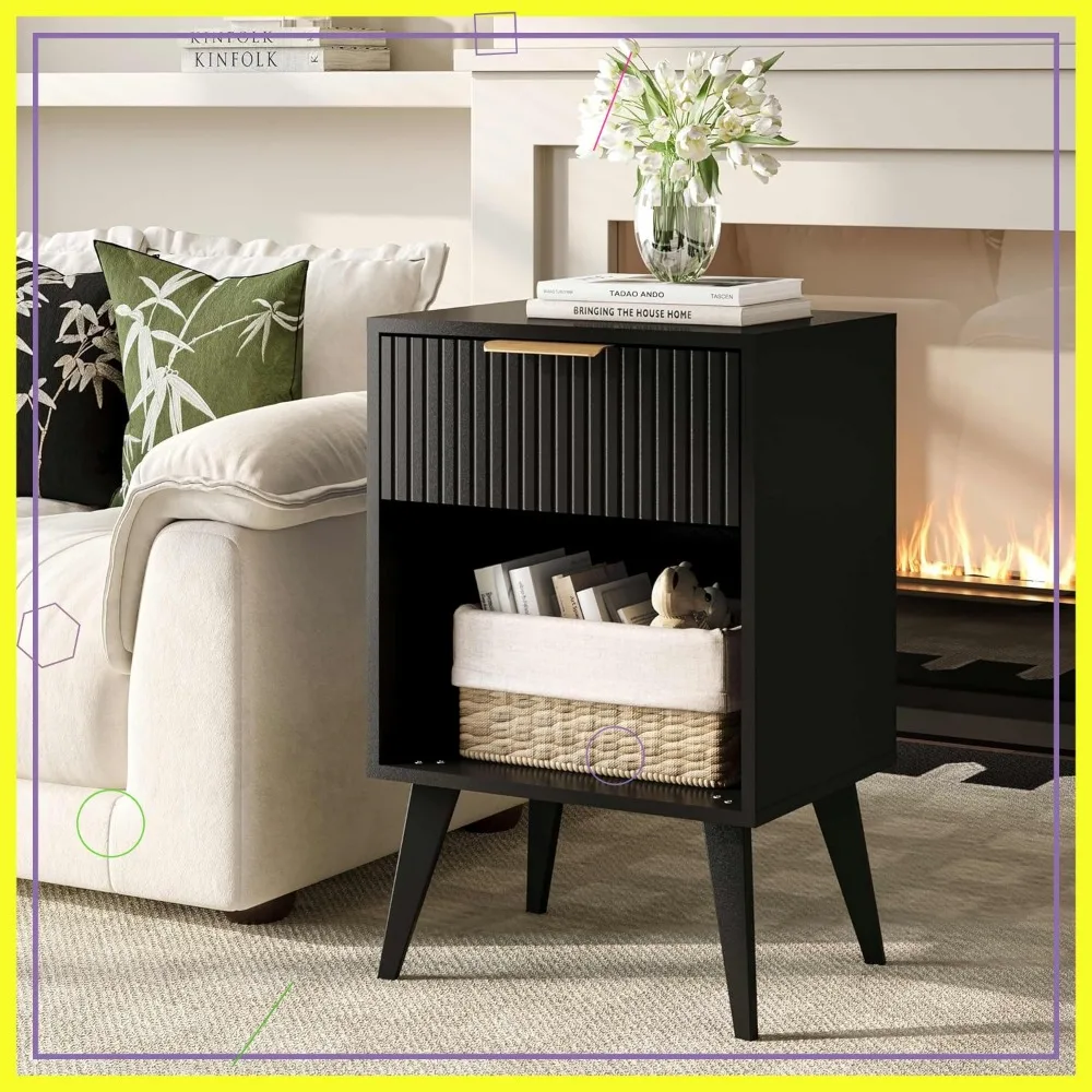 Mesita de noche estriada con cajón y estante abierto, mesita de noche moderna con patas de madera maciza para dormitorio y sala de estar