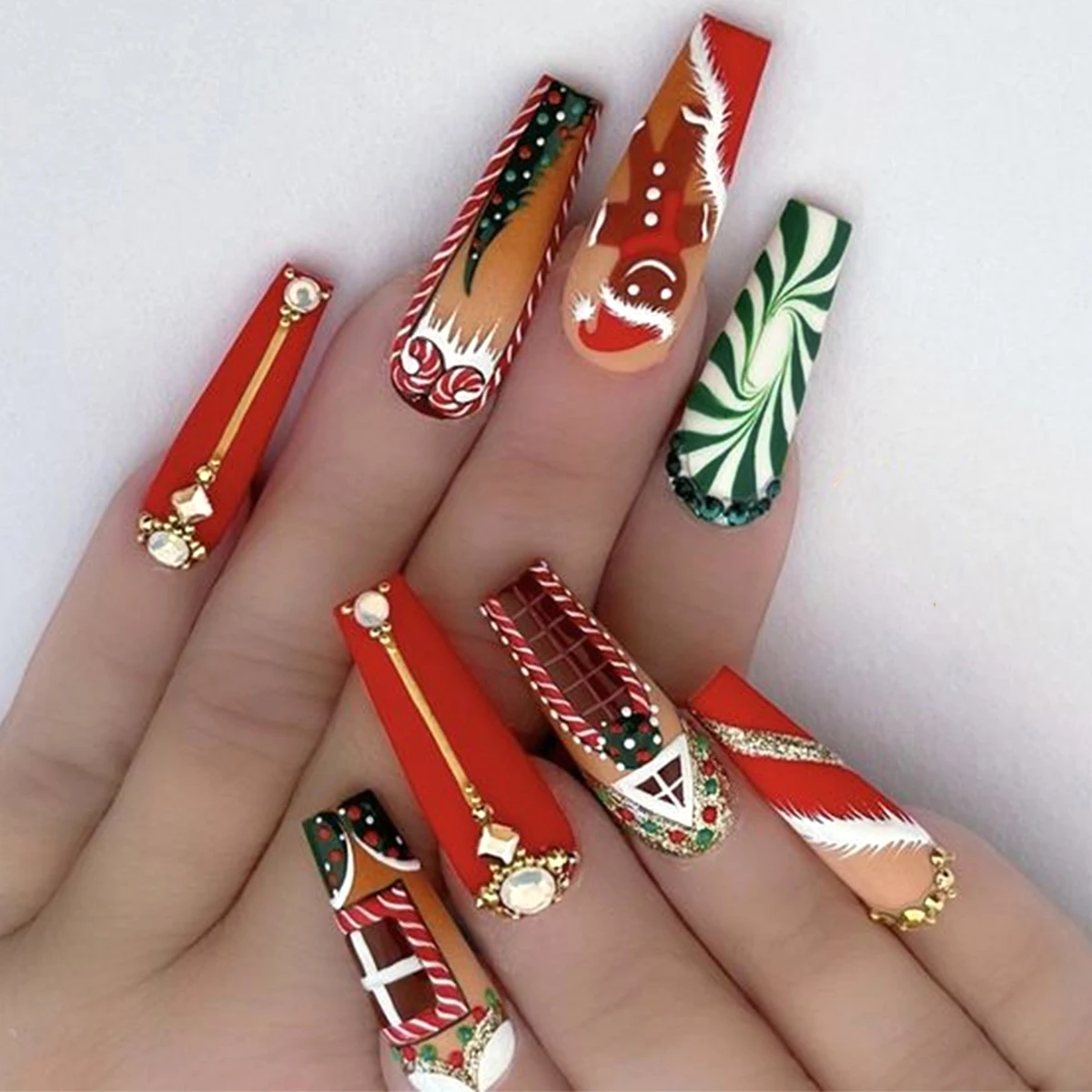 

Christmas Press on Nails Long Square Fake Nails Glue on Nails with Snowflake Rhinestones Design Acrylic Nails Stripes False Nail