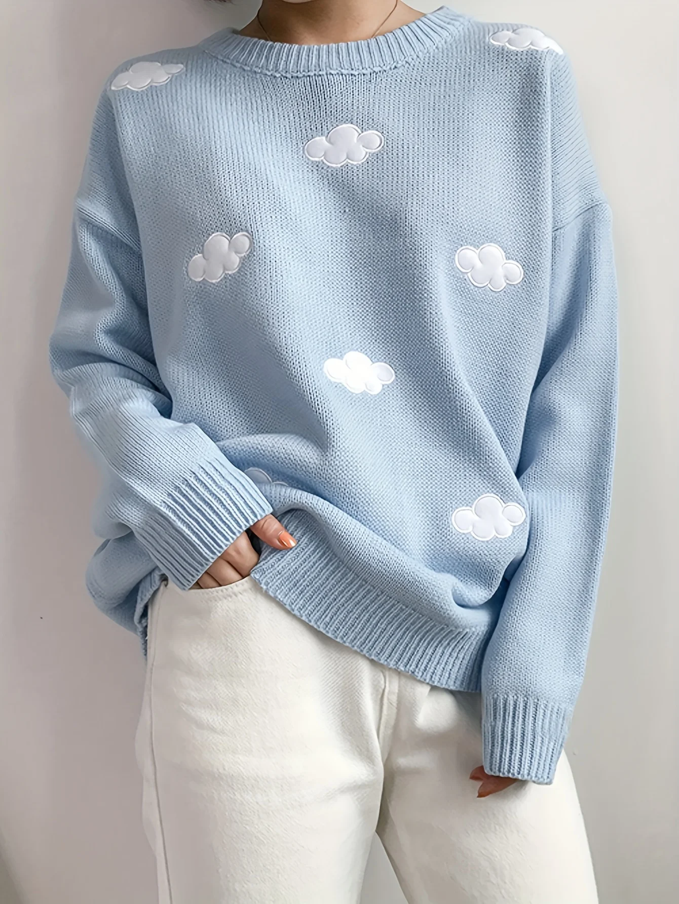 

Women's Cute Cloud Embroidered Pullover Knit Sweater Winter Kawaii Preppy Style Crew Neck Knit Sweaters for Female