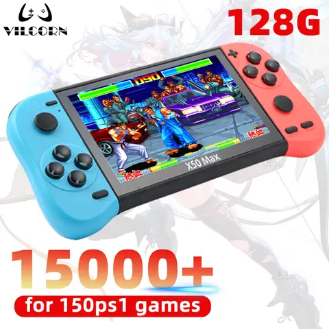 X50 Max 비디오 게임 콘솔 PS1/GBA/SNES 용 5.1 인치 휴대용 게임 콘솔 128GB 15000 레트로 게임 플레이어 어린이 선물
