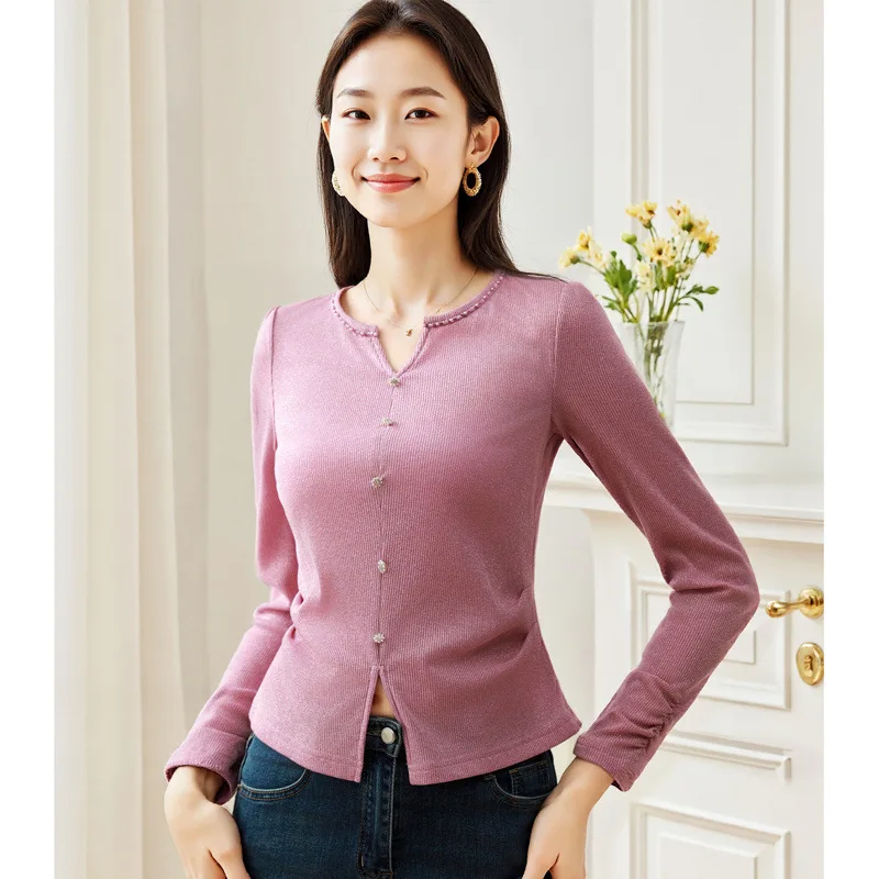 

Высококачественный возрастной свитер для женщин среднего возраста на весну и осень, блестящий шелковый свитер с рюшами и рюшами для похудения, скрытый толстый вязаный свитер