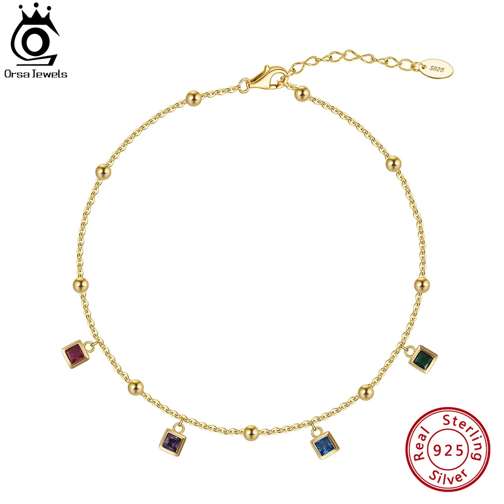 

ORSA JEWELS 925 Sterling Silver Cable Chain Anklet with Colorful Zircon for Women Summer Adjustable Foot Chains Jewelry SA91