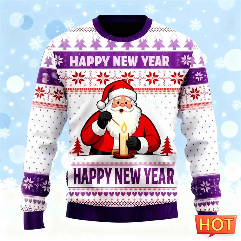 موضة سانتا كلوز الجرافيك سترة عيد الميلاد القبيحة للرجال العصرية الشارع الشهير ثلاثية الأبعاد مطبوعة بلوزات عادية المتضخم البلوفرات #4