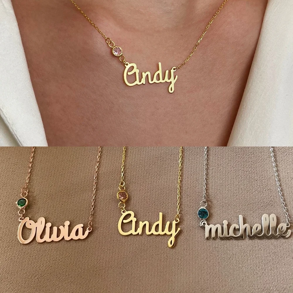 

Custom Name Necklace with Birth Stone Pendant Necklace Stainless Steel for Girls Personalized Letters Necklace for Women Gifts