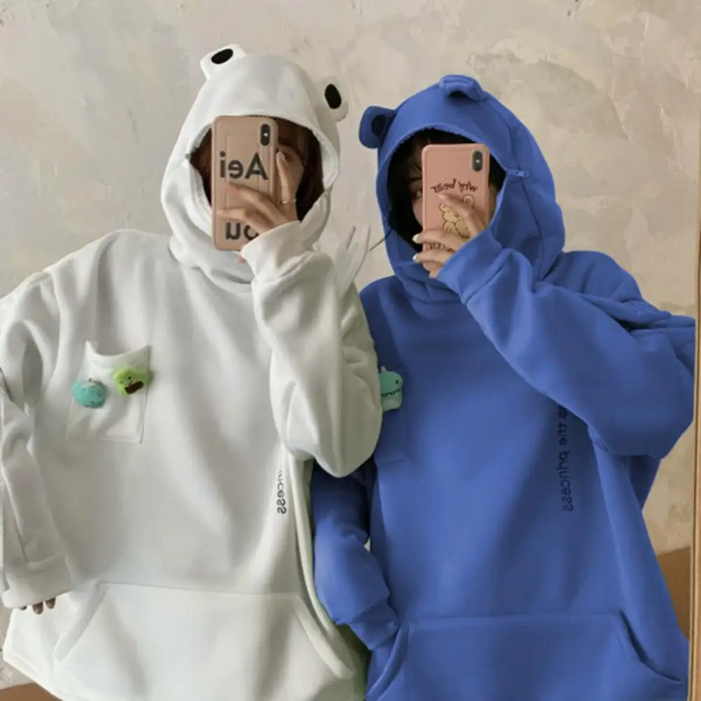 Women Men Hoodie Cartoon Frog Shape Hooded Zipper Pullover Men Women Winter Hoodie Big Patch Pocket Adult Clothes