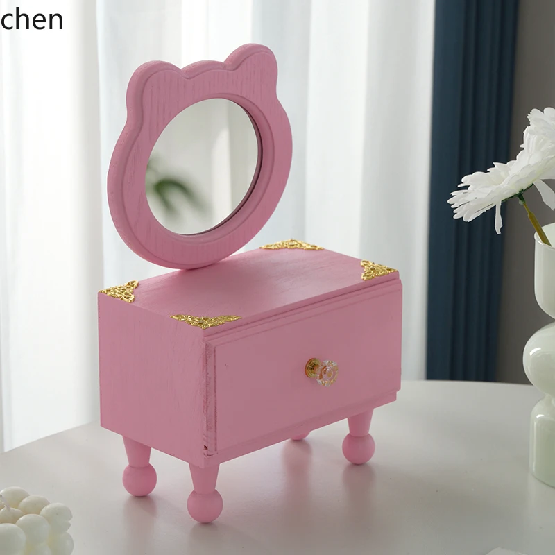 HTT Wooden Mirror Jewelry Box Vintage Storage Box Makeup Vanity New Wedding Housewarming Gift Storage Cabinet