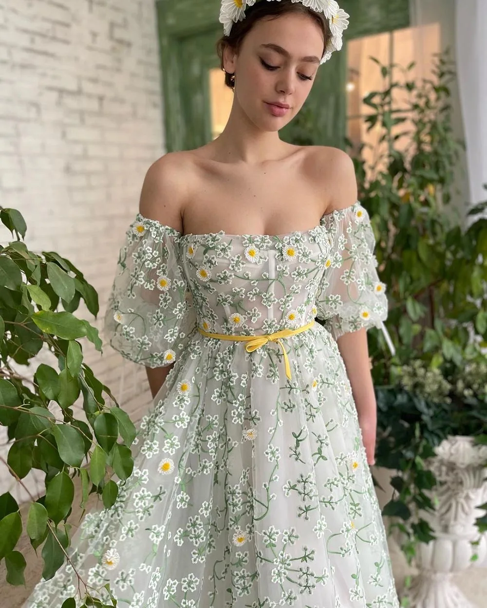 Sevintage 3D Flowers Daisy Tulle Prom Dresses pizzo Puff mezze maniche abito da sera Midi abito da cerimonia formale A-Line lunghezza tè