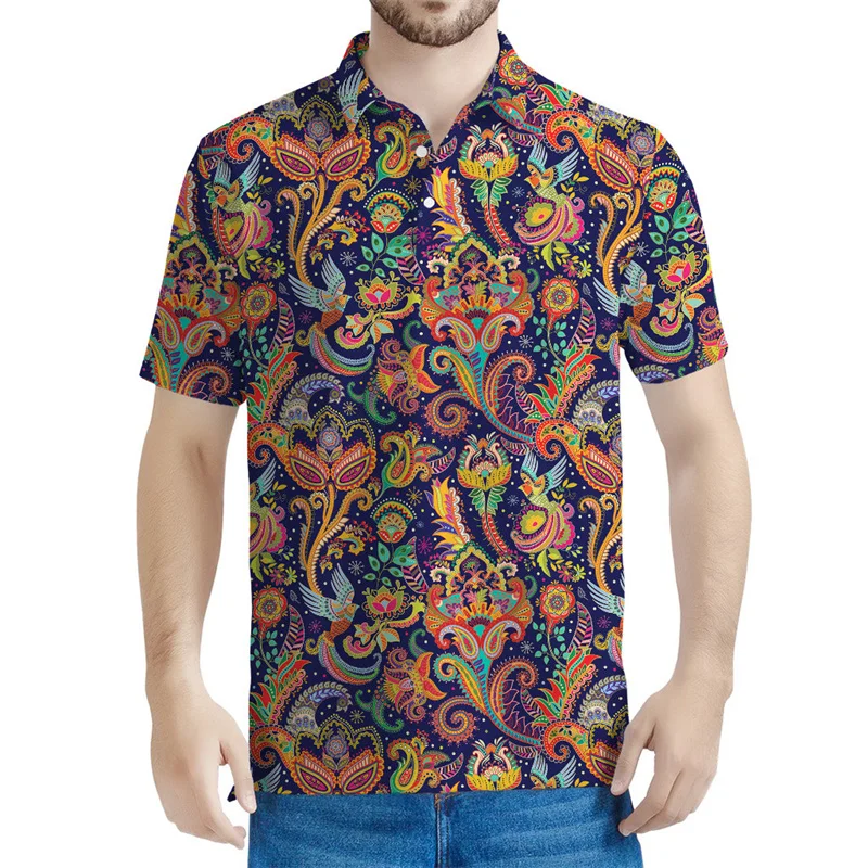 Colorful Boho Paisley 3D Printed Polo Shirt For Men Floral Pattern Short Sleeves Summer Lapel Tees Casual Button POLO Shirts