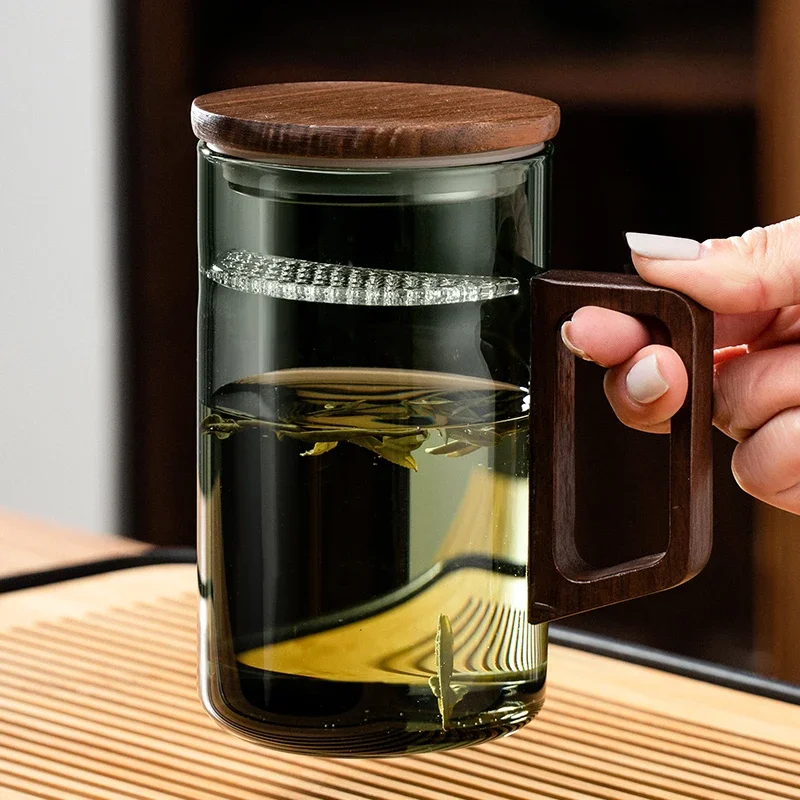 

Household Portable Drinkware Transparent Glass Cup Wooden Handle Coffee Mug Kitchen Tea Making Cup Coffeeware Teaware