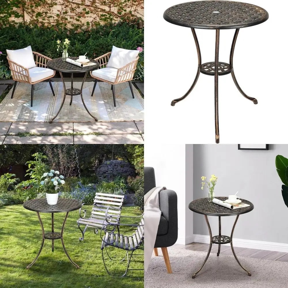 

Круглый уличный стол-бистро 24 дюйма с отверстием для зонта, чугунный приставной столик для балкона, двора, газона, сада - Рустик Браун