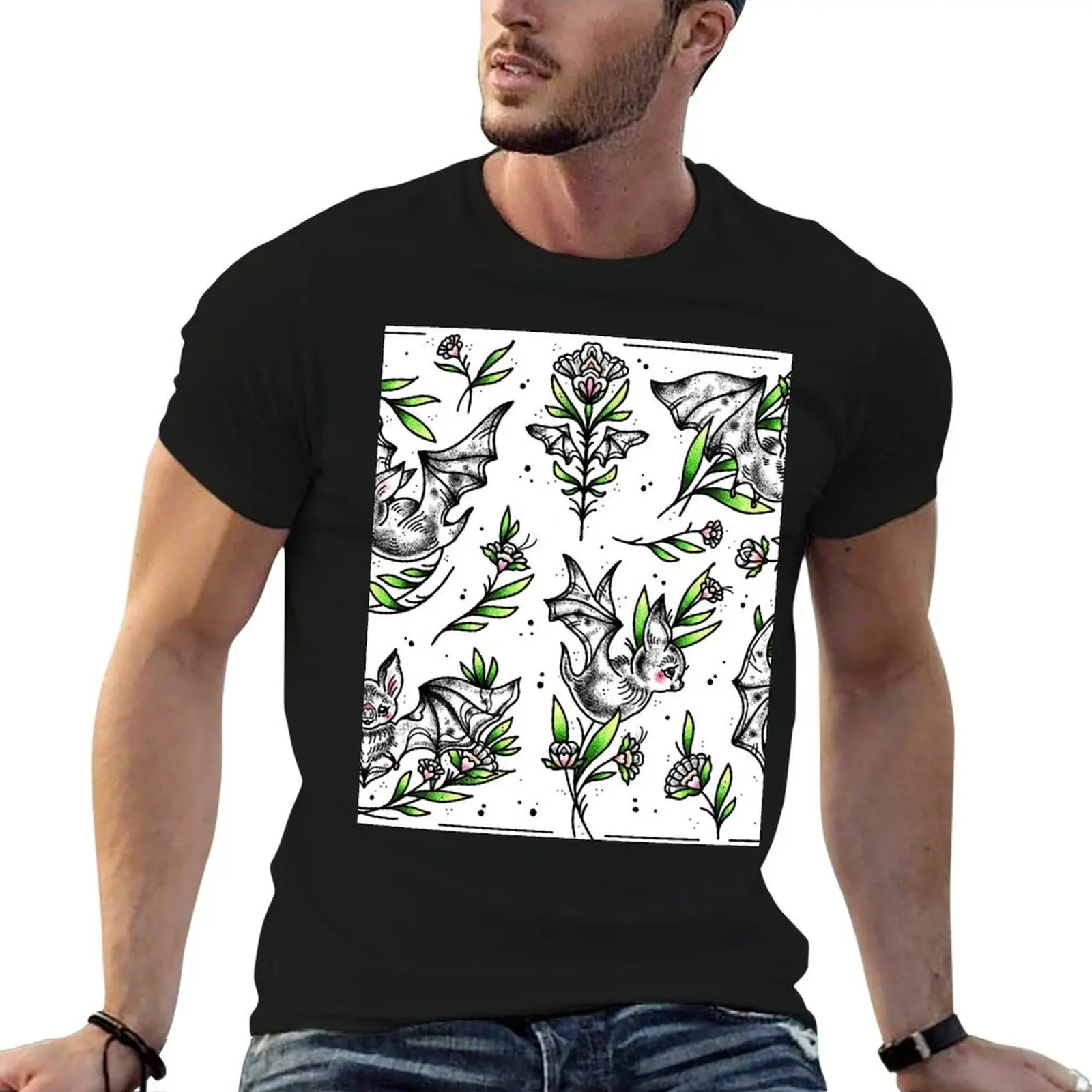 

humor shirts man Traditional Cute Tattoo t Floral T-Shirt funny Flash tshirt Bats Folk dark