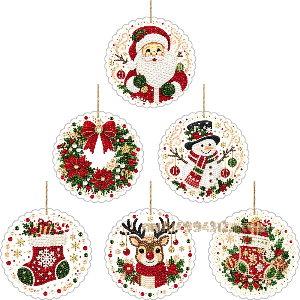 6PCS Christmas Ornaments DIY Pearl Art Kits for Adults,8*8cm Acrylic Hanging Craft Decor Diamond Art Kits with Twine