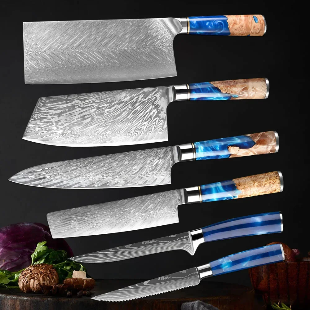 

High Quality Kitchen Knife 67 Layers Damascus Steel Chopping Knife Resin Handle Meat Cleaver Set Slicer Knife Sharp Blade Gift