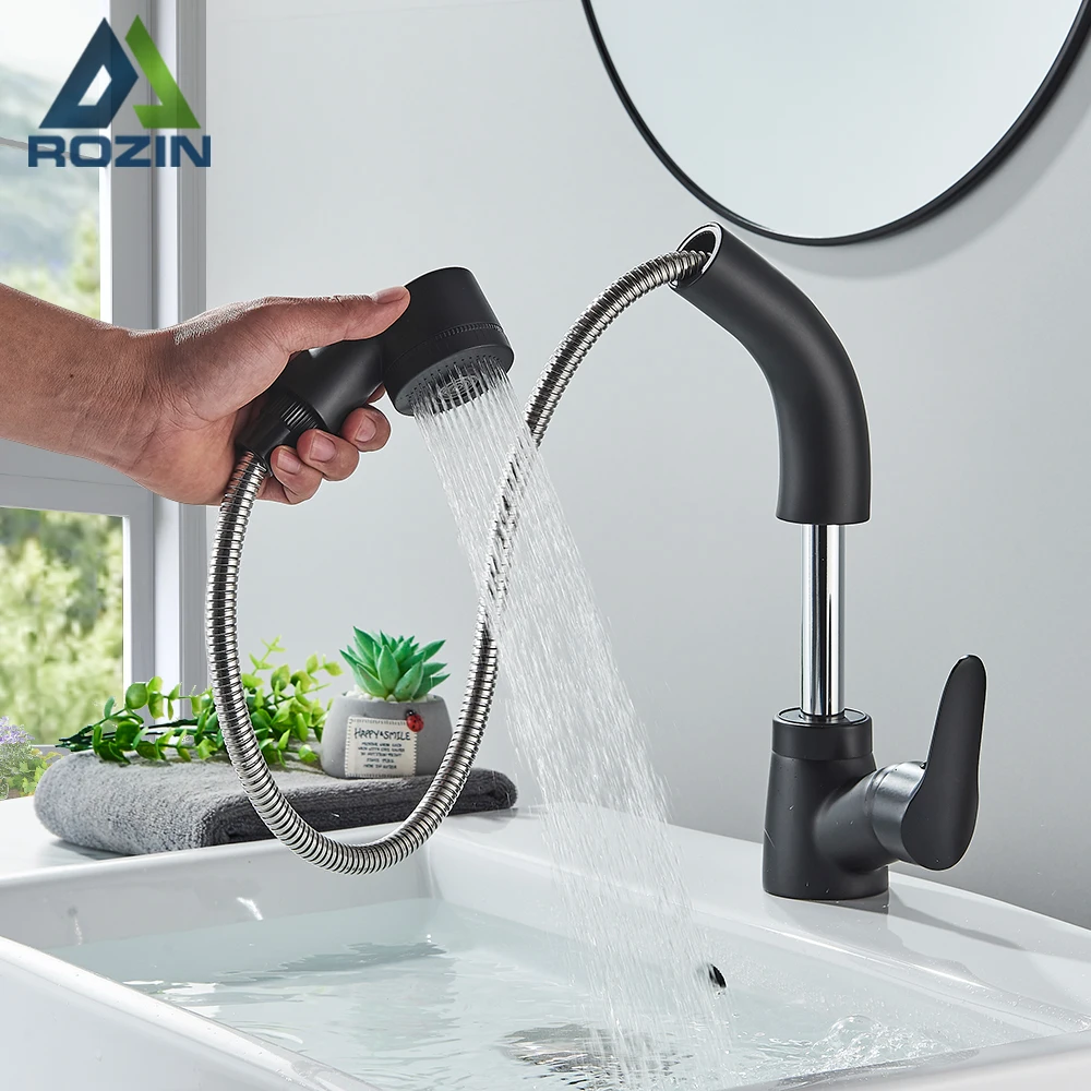 Rozin Extendable Lift Basin Faucet with Flexible Pull Out Sprayer Deck Mounted Black Bathroom sink Mixer Taps Dual Modes Nozzle