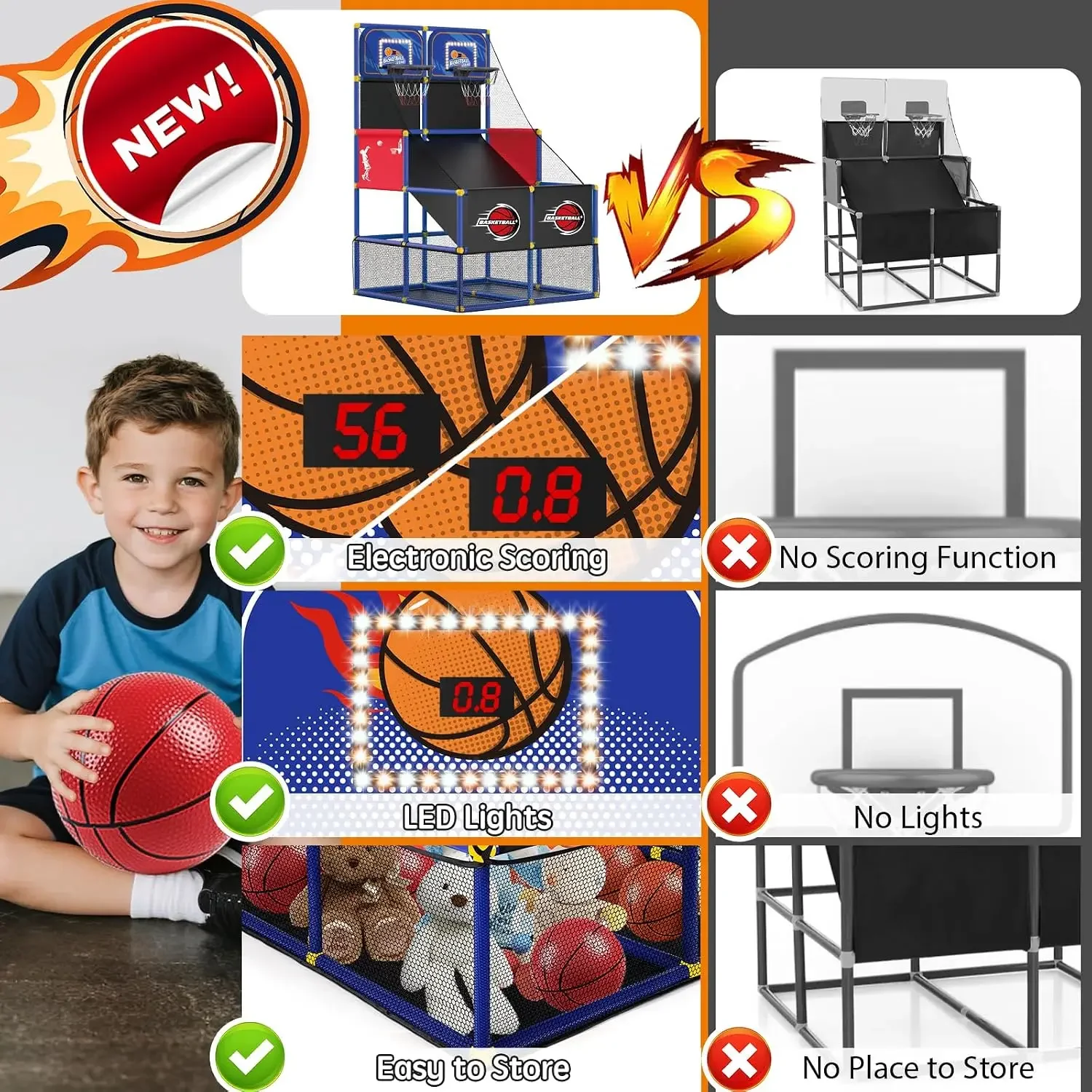 Upgrade Dual Basketball Arcade Game Kids Electronic Basketball Hoop with Electronic Scoreboard LED Light 6 Balls Indoor