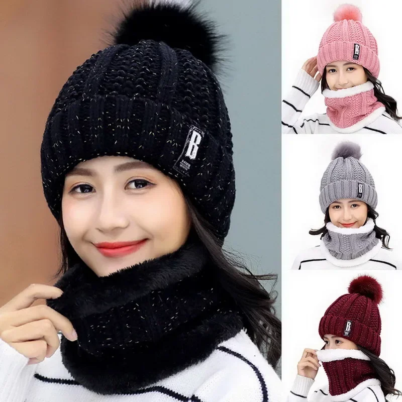 Brand Winter Knitted Scarf Hat Set Thick Warm Skullies Beanies Hats for Women Solid Outdoor Snow Riding Ski Bonnet Caps Girl