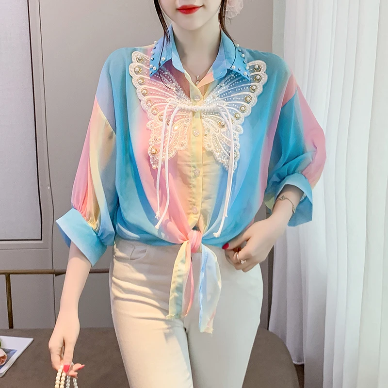 Blus wanita Vintage sifon Atasan wanita applique kemeja wanita pakaian tambal sulam pelangi penjualan longgar lengan pendek atasan Diamante