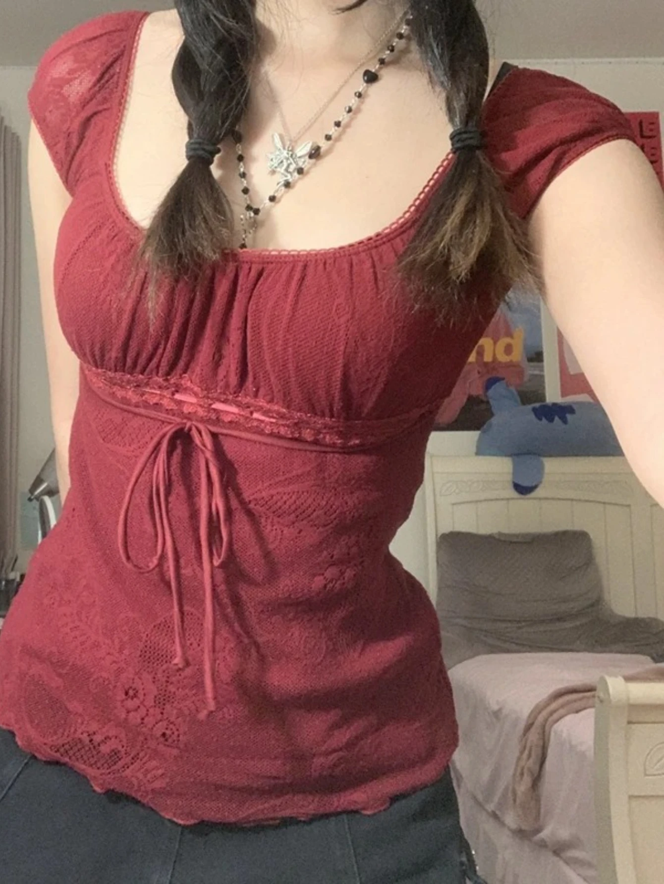 

Elegant Lady Square Collar T-shirtBow Short Sleeve Pullovers Tees Y2K Vintage Fairy Women Crop Top Retro Clothes