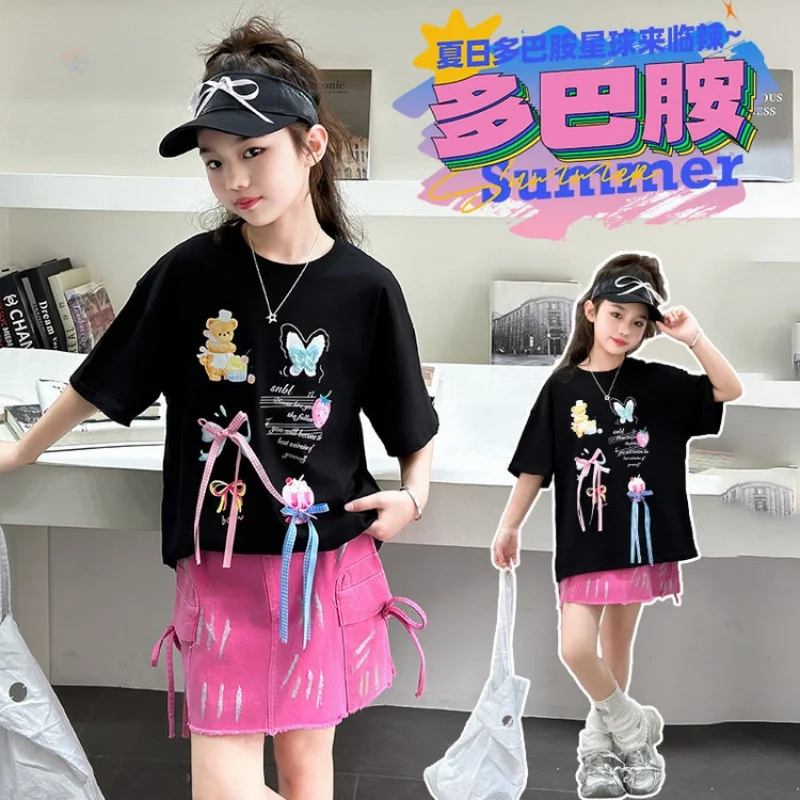 الفتيات الصيف المطبوعة قصيرة الأكمام مجموعة تي شيرت في سن المراهقة كعكة تنورة للأعمار 7-14 قطعتين مجموعة الأطفال مجموعة #2