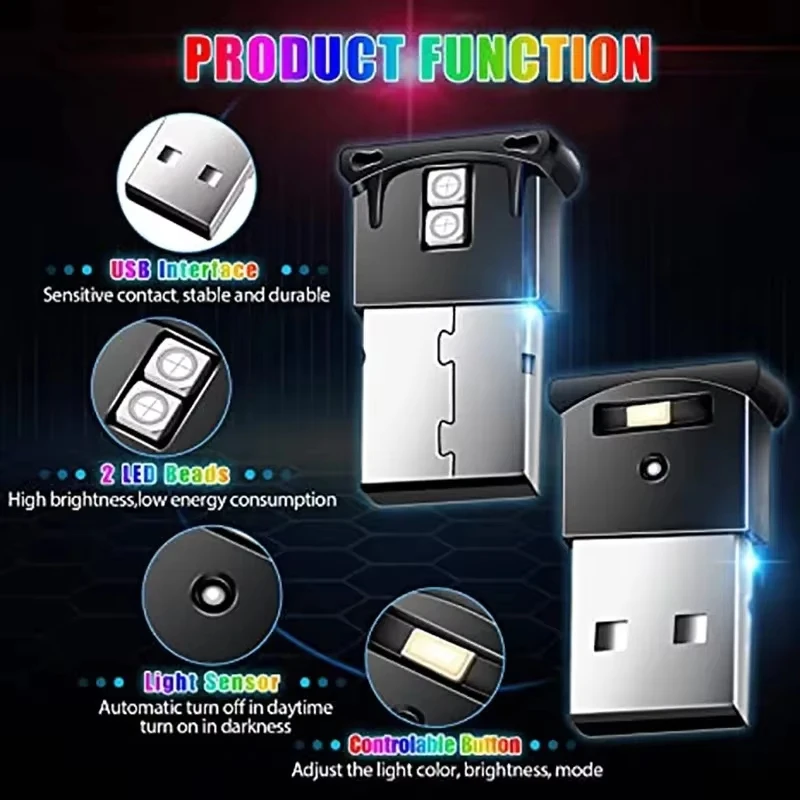 Mini USB RGB LED Auto-Innenraumbeleuchtung, Farbenfrohe Deko-Notbeleuchtung Auto-Zubehör