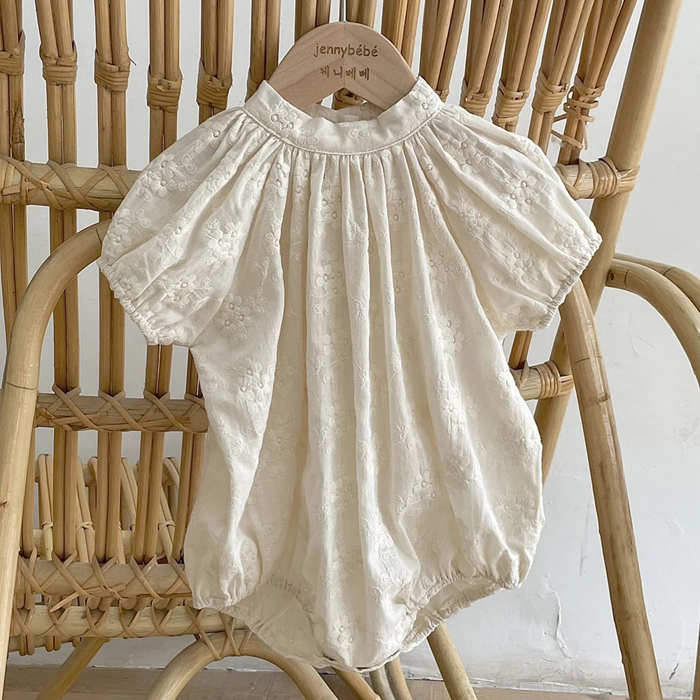 Babykleidung Süße Prinzessin Baby Mädchen Strampler Kleinkind Spitzenstickerei Kurzarm Beige Baumwoll-Bodysuit für Neugeborene Strampler
